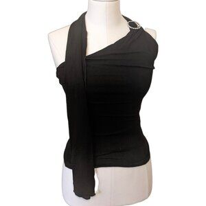 Vintage Y2K Black Bodycon Top Scarf One Shoulder Gothic Rhinestone Buckle Sz S